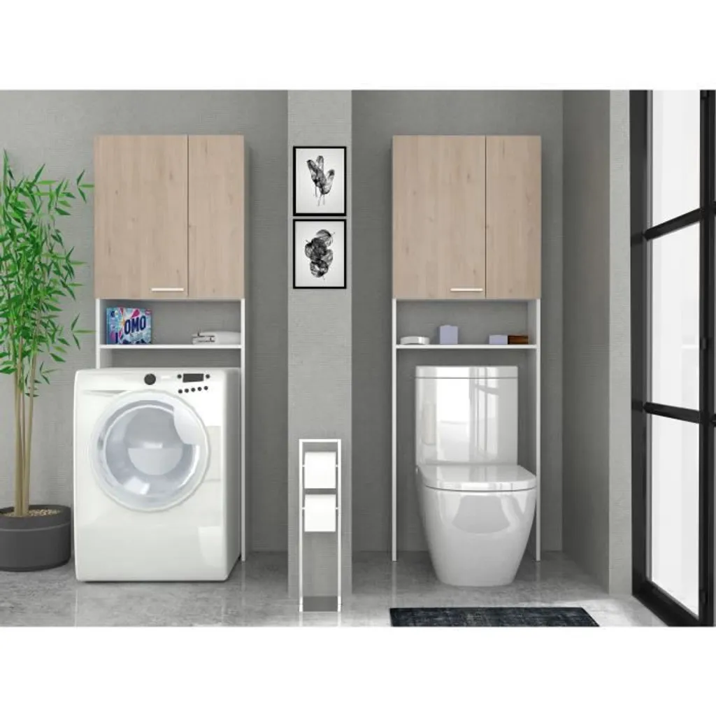 Étagère WC gain de place VERSO en chêne et blanc - Hauteur 185 cm compacte