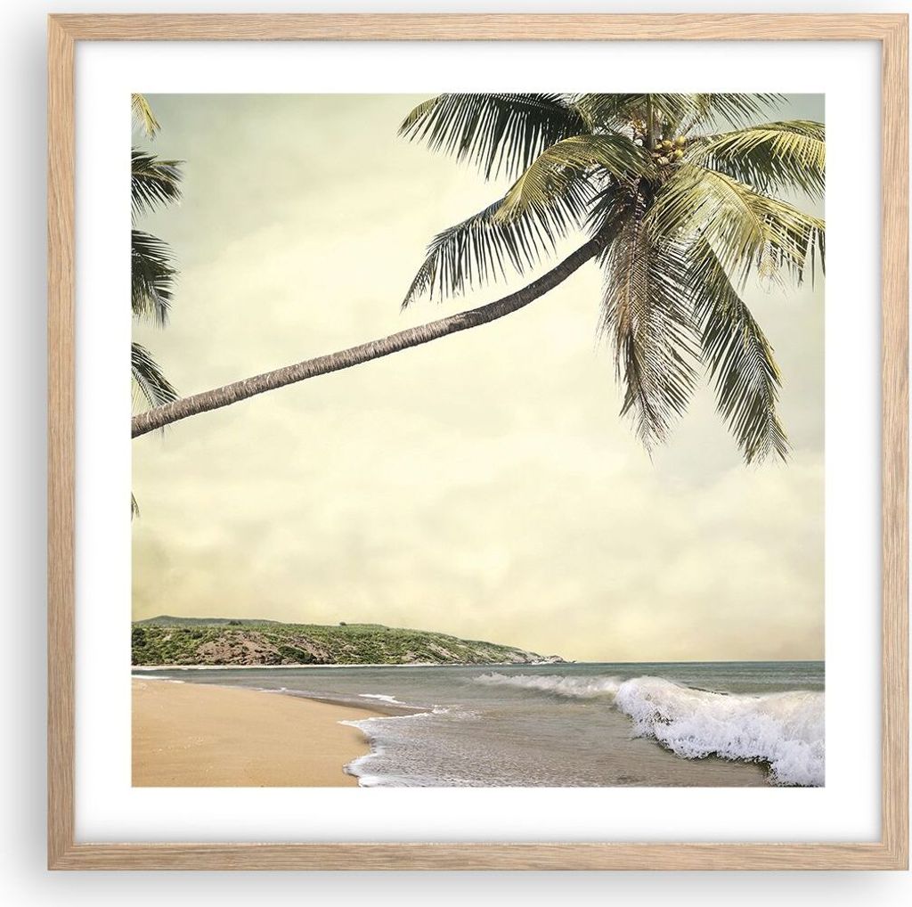 Gerahmtes Poster - Rahmen in heller Eiche - Palme Strand Insel - 50x50 cm - Wand Bild - Wanddeko - Wandbilder - Wandposter - Bilderrahmen - Bilder ...