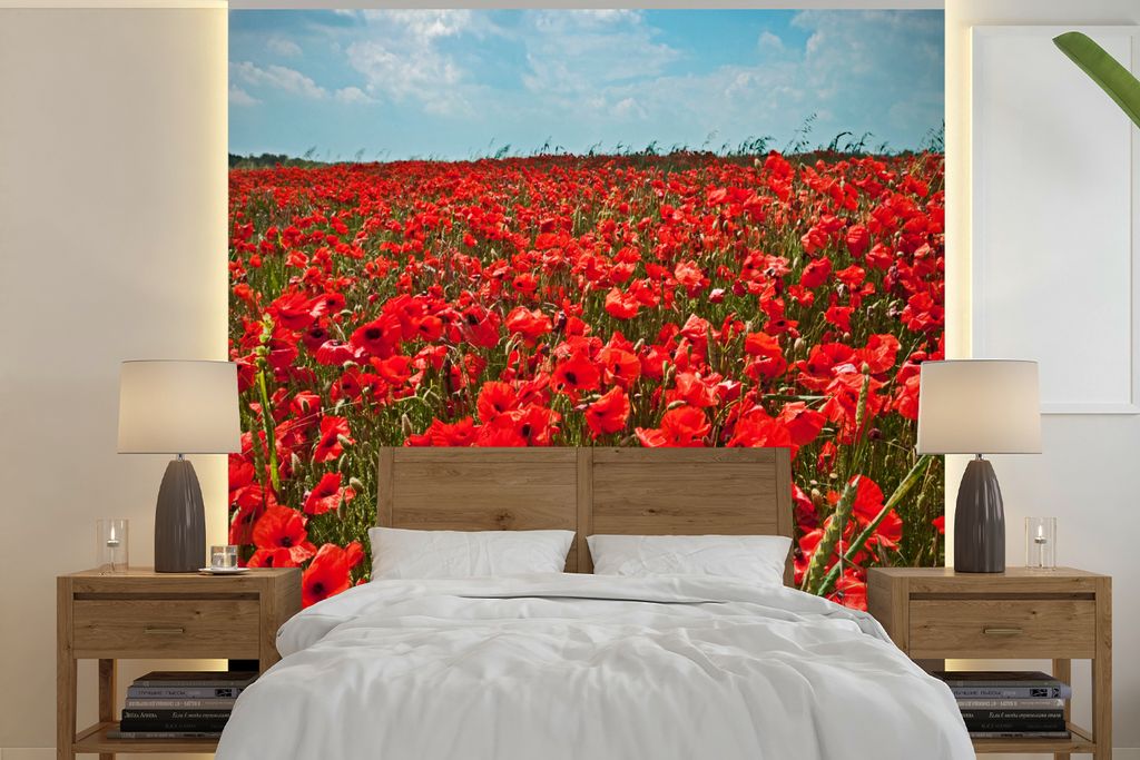 MuchoWow Fototapete für Wohnzimmer oder Schlafzimmer Wandtapete Vinyl Motivtapete Eine Wiese voller Mohnblumen - 280x280 cm - Hintergrundbild