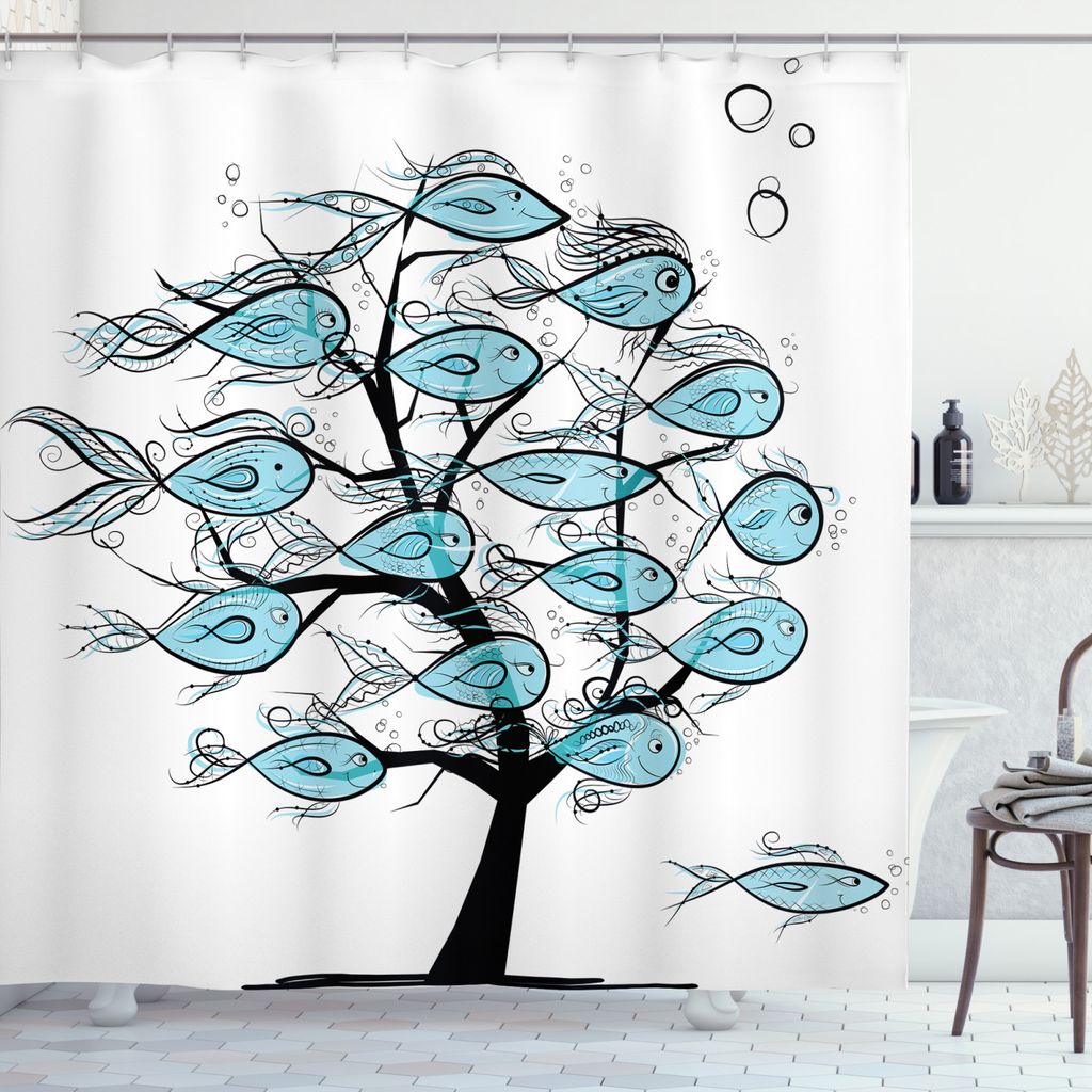 ABAKUHAUS Fisch Duschvorhang, Lustige Cartoon-Motivation, Wasser Blickdicht inkl.12 Ringe Langhaltig Bakterie und Schimmel Resistent, 175 x 200 cm,...