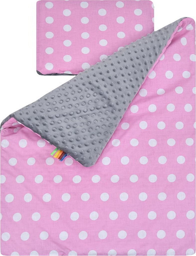 Baby-Delux Babydecke Kinderwagen Kissen Set Nicky Plüsch Baumwolle doppelseitig Pink Dots - Grau