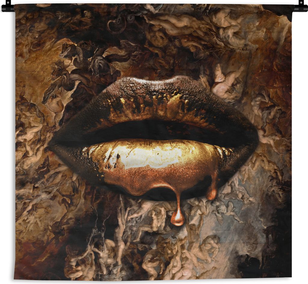 MuchoWow Wandteppich Wandbehang Gold - Lippen - Luxus 120x120 cm Tapisserie Dekoration Wandtuch - Modern - Baumwollgewebe
