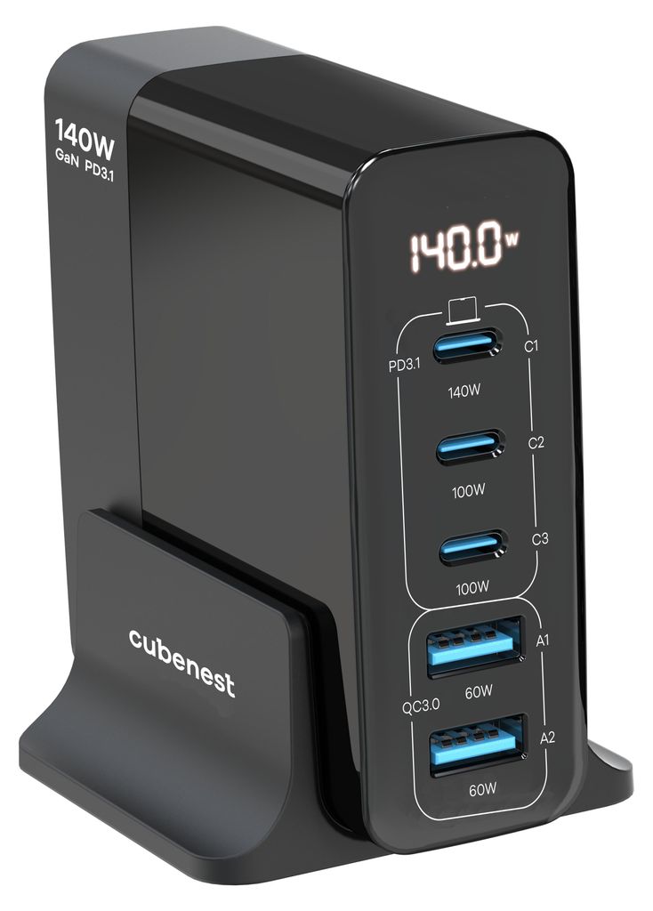 Cubenest S5D0 PD 3.1. 3*USB-C+2xUSB-A GaN-Adapter 140W Schnellladegerät USB-C-Kabel Desktop-Ladegerät