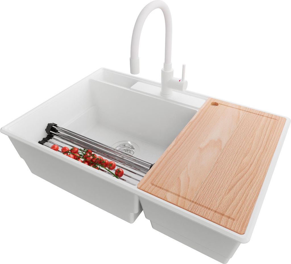 PRIMAGRAN Granitspüle Weiß 78x53cm, Spülbecken 2 Becken + Küchenarmatur 38x14cm + Ablauf-Set + Küchenzubehörset, Küchenspüle ab 80er Unters...