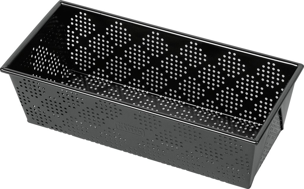 A black perforated rectangular baking pan, shown from a slightly elevated diagonal angle.