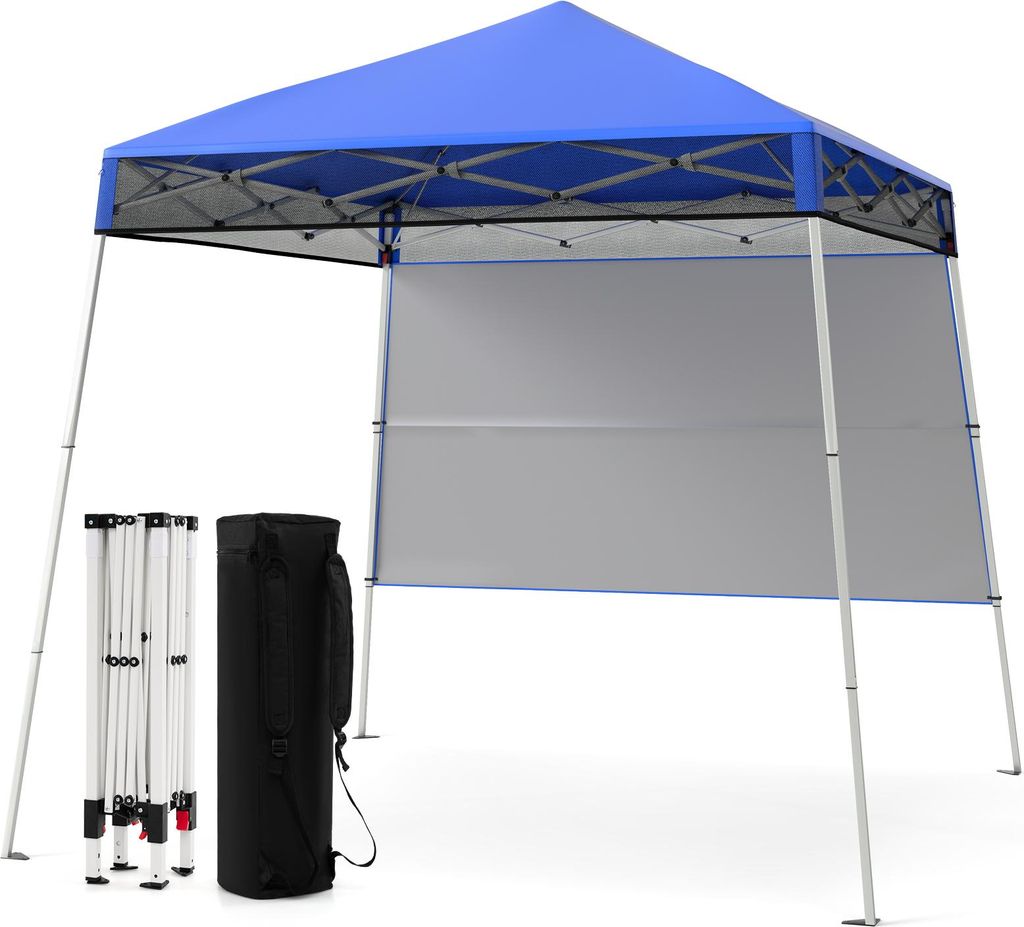 A blue pop-up canopy tent with a gray side wall, shown with its folded frame and carrying bag.