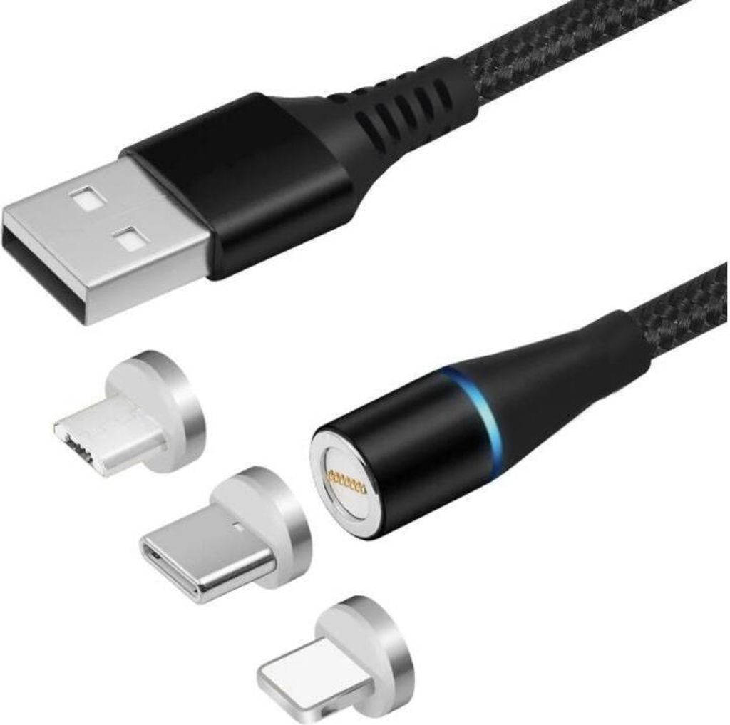 3in1 Magnet Ladekabel Datenkabel Universal für Samsung USB Kabel auf: USB-C / Typ-C + Lightning + Micro USB Anschluss Schwarz Länge 1 Meter