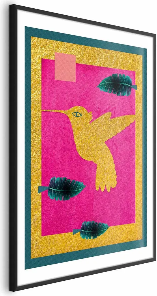 Quadro Moderno Colibrì Oro 60x90 Cornice Nera Design Minimalista