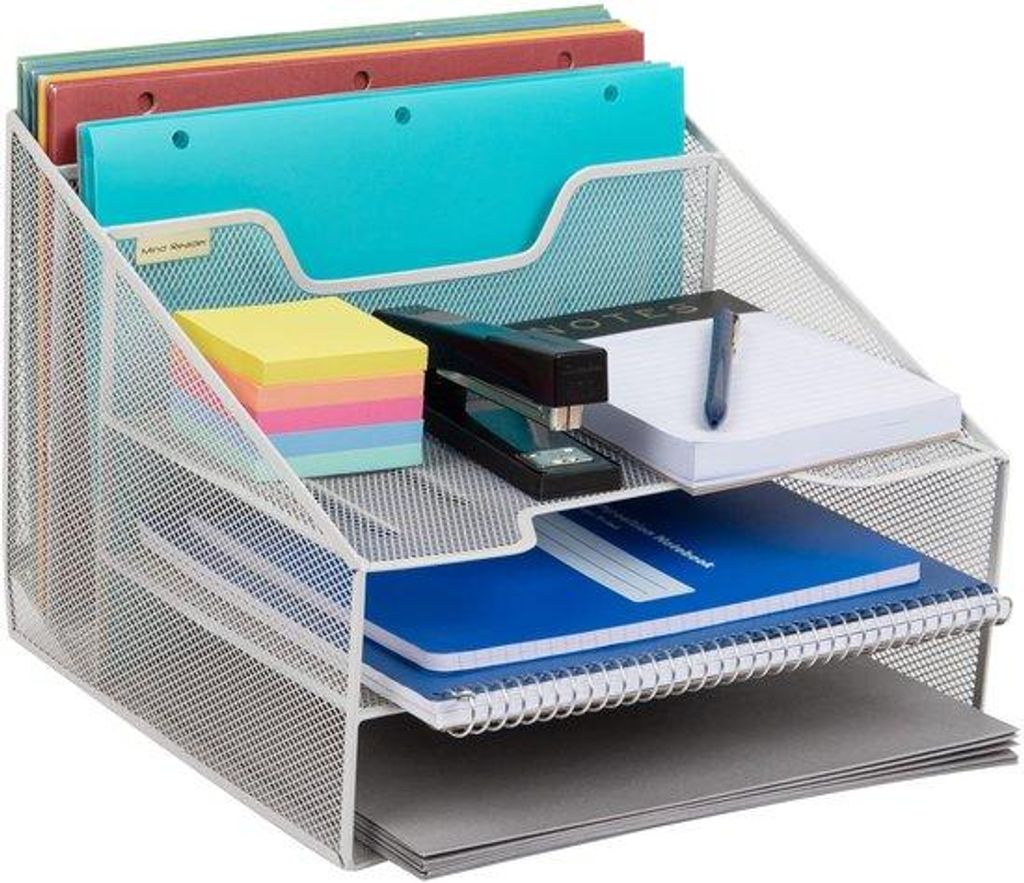 Metallischer Büroorganizer mit vertikaler Aktenhalterung, Papierfachschubladen, Weiß, 31,5 cm Länge x 29,5 cm Breite x 24 cm Höhe