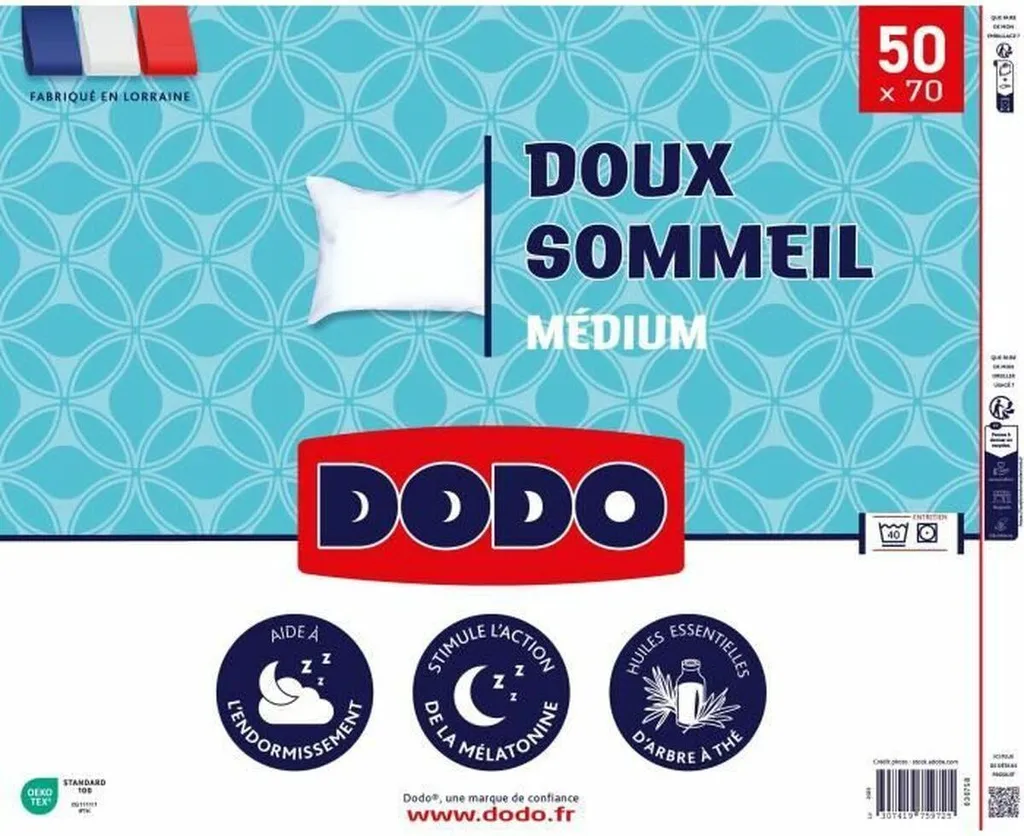 Oreiller Rectangulaire DODO DOUX SOMMEIL 50x70 cm Blanc pour Dormir Zen