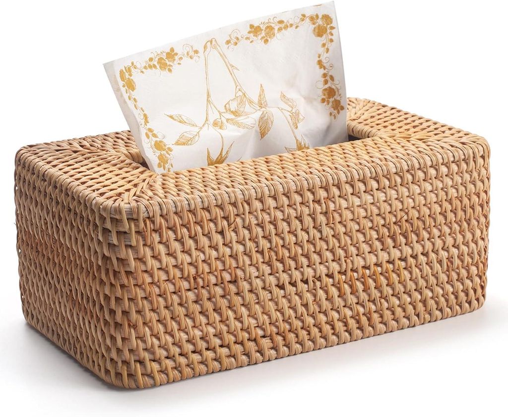 Rechteckige Taschentuchbox aus Rattan, Taschentuchspender aus Weide, handgefertigter natürlicher Taschentuchboxbezug für Badezimmer, Küche (Natur)