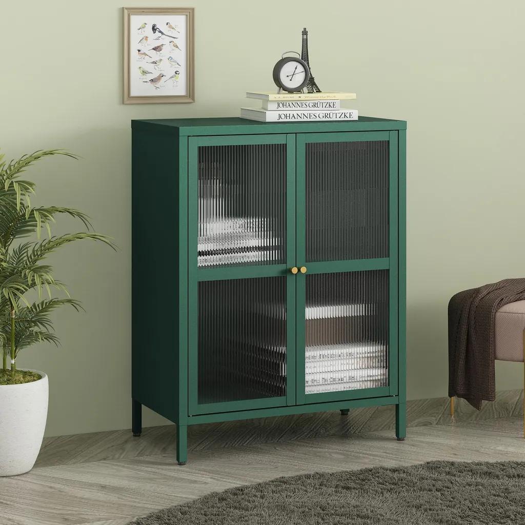 Credenza Säkylä Verde Abete in Acciaio e Vetro Rigato 84x64x35 cm