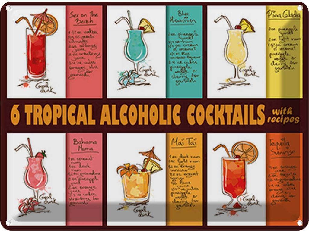 vianmo Blechschild 30x40 cm 6 tropical cocktails recipes Essen Trinken