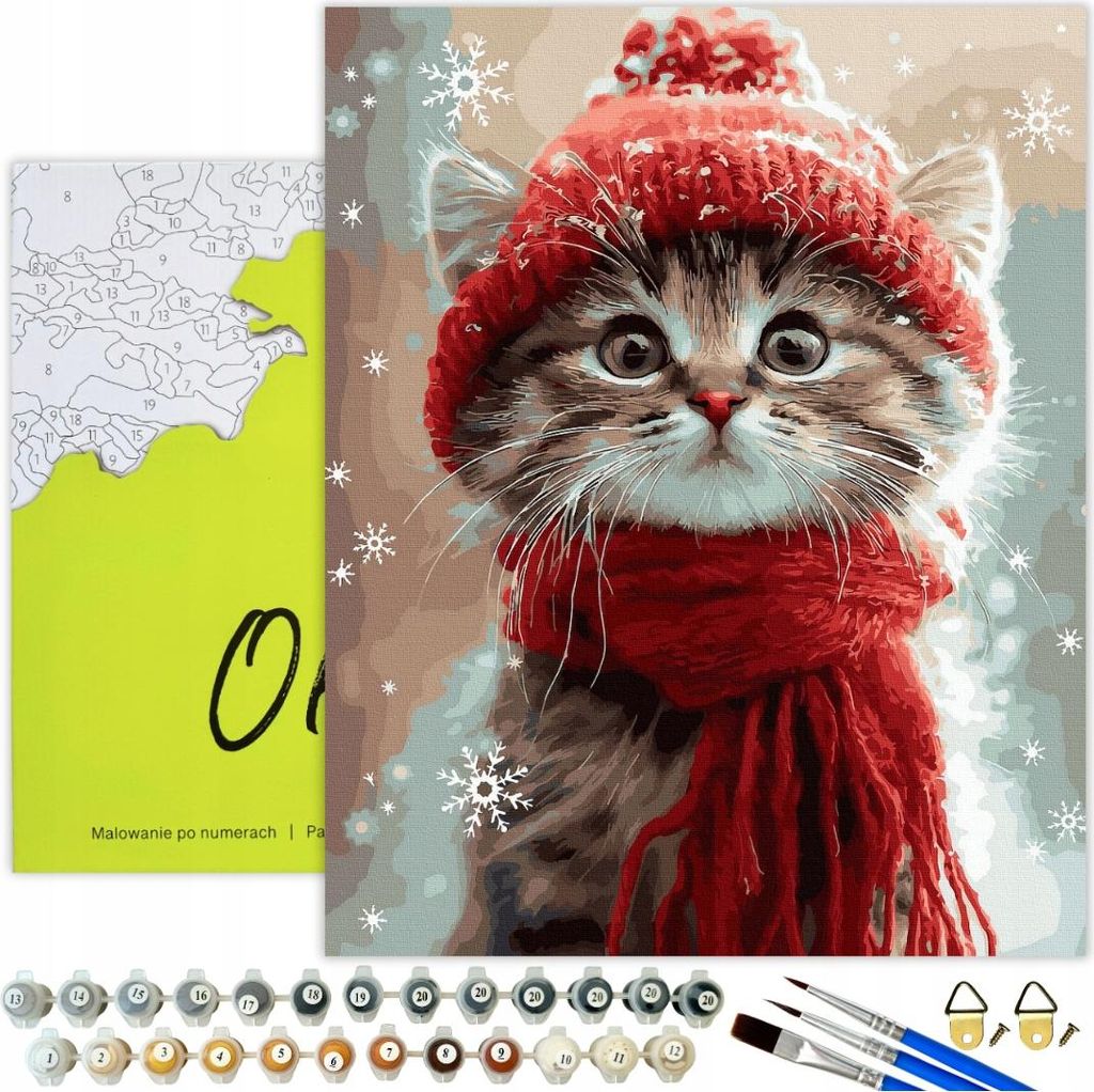 Malen nach Zahlen Erwachsene & Kinder Tiere Katze Rot Schal 50x40 - 32 Acrylfarben, Leinwand mit Holzrahmen, 3 Pinseln und Zubehör Oh Art!