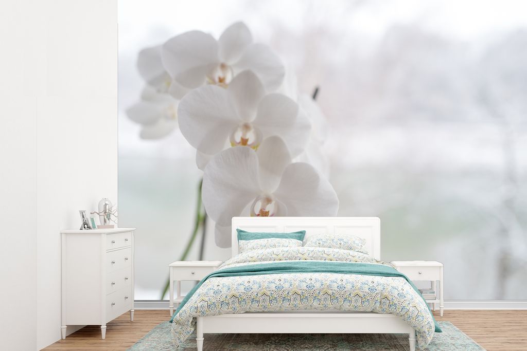 MuchoWow Fototapete für Wohnzimmer oder Schlafzimmer Wandtapete Vinyl Motivtapete Die weißen Orchideen hinter dem Fenster - 360x260 cm - Wohnzi...