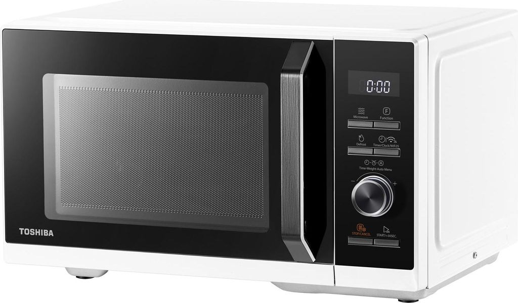 A white Toshiba microwave oven with a black glass door and control panel is shown from a side angle against a white background.