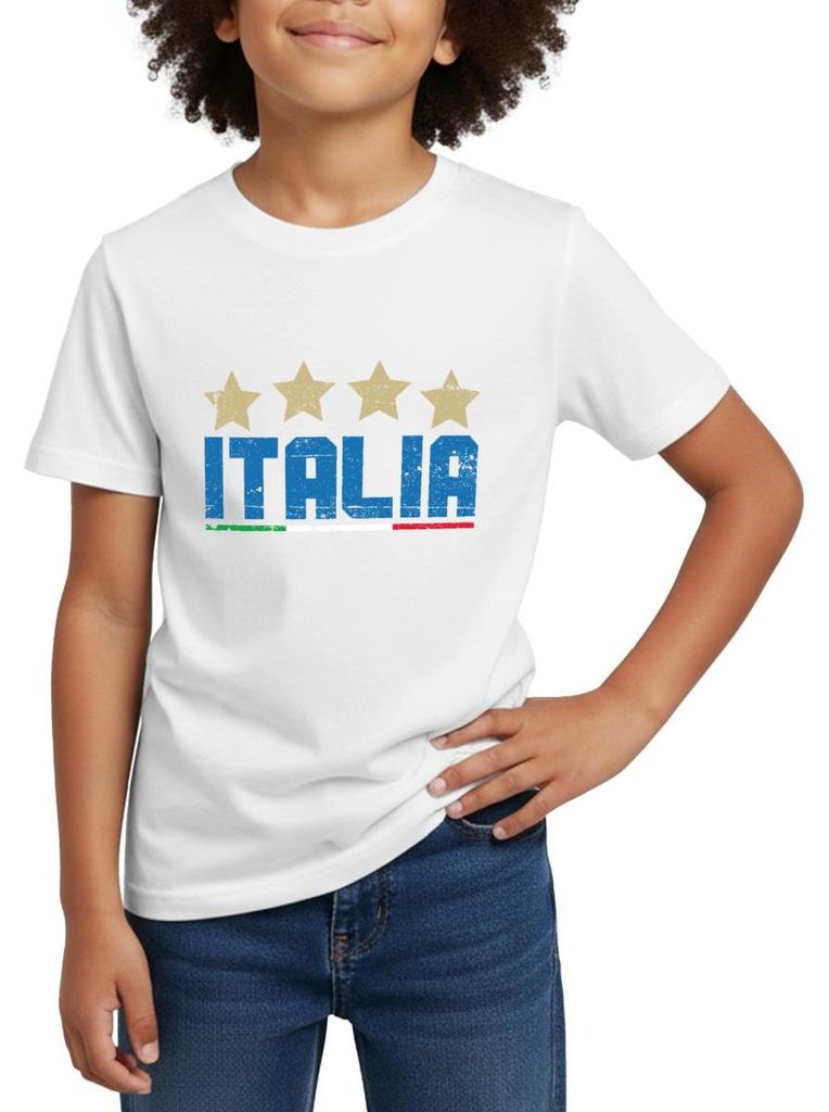 Spreadshirt Italien Vier Sterne Weltmeister Fußball Kinder T-Shirt, 122/128 (7-8 Jahre), Weiß