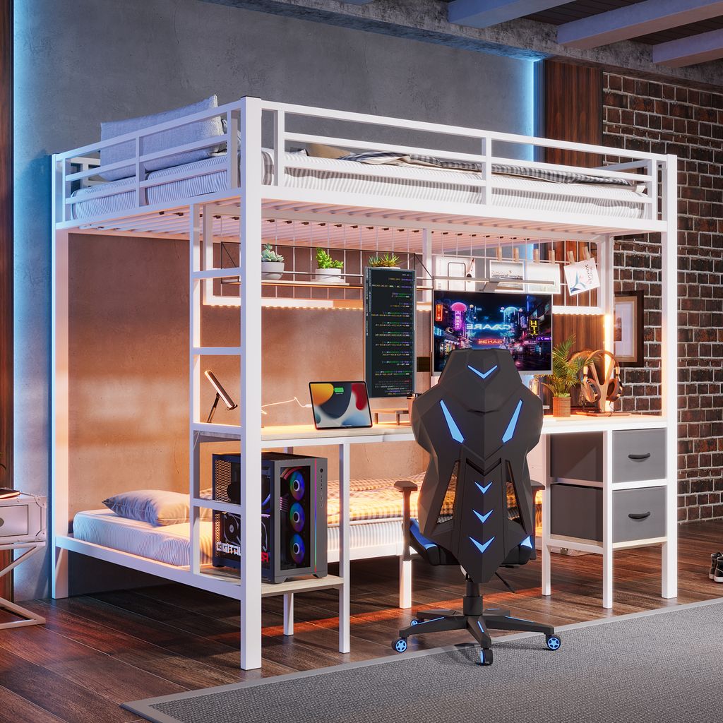 okwish Hochbett, 90x200&140x200, Kinderbett mit Schubladen&Schreibtisch,Doppelbett mit LED-Leiste& USB-Anschluss, ohne Matratze, Weiß