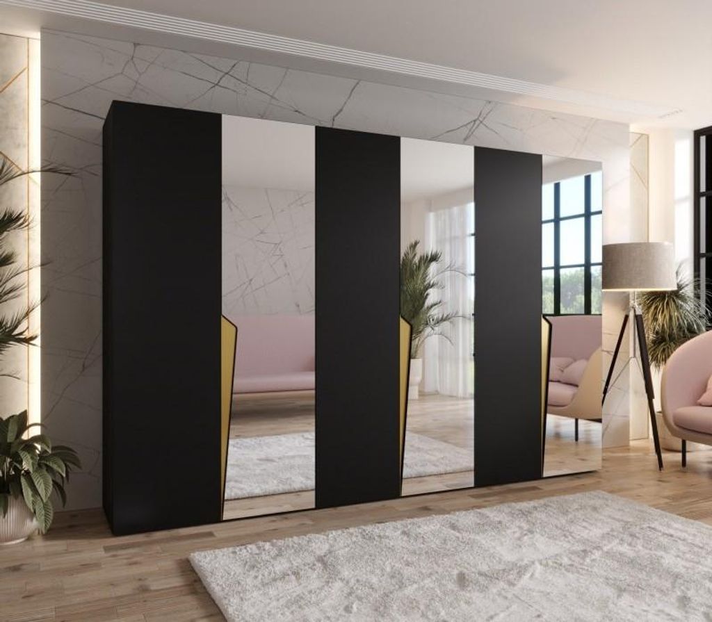 Großer Spiegelschrank 300 cm SORAYA 2 - schwarz / goldene Griffe