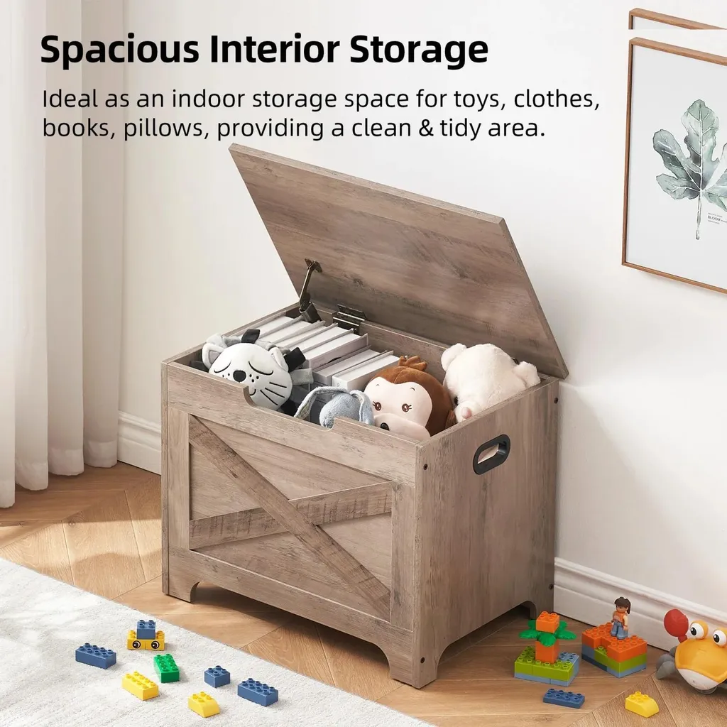 Coffre à jouets en bois gris aspect vieilli, banc coffre multifonction - 3