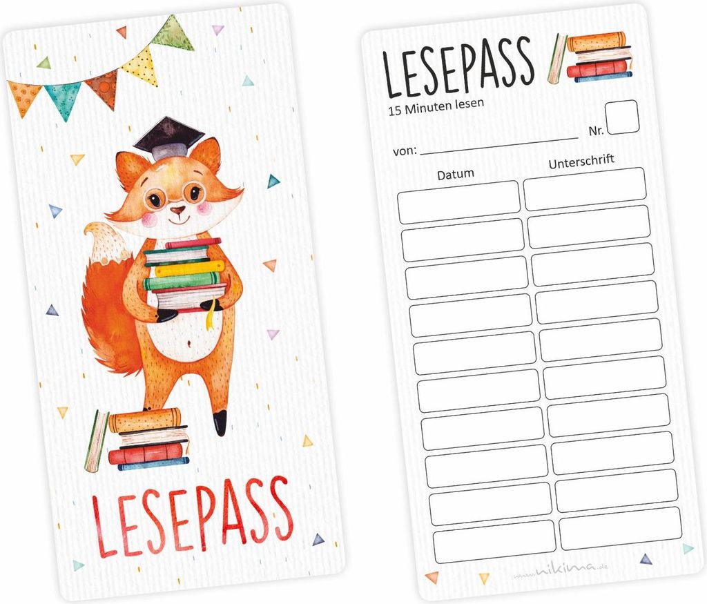 Lesepass Schlaufuchs Lesezeichen zum Lesen üben Grundschule - Anzahl 50 Stück