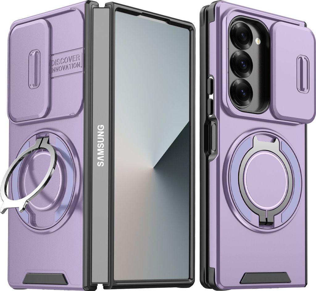 Handyhülle für Samsung Galaxy Z Fold6 Dual-Layer Stoßfest Militär Hülle mit Dia Kameraschutz und Magnetisch Ring Ständer Lila
