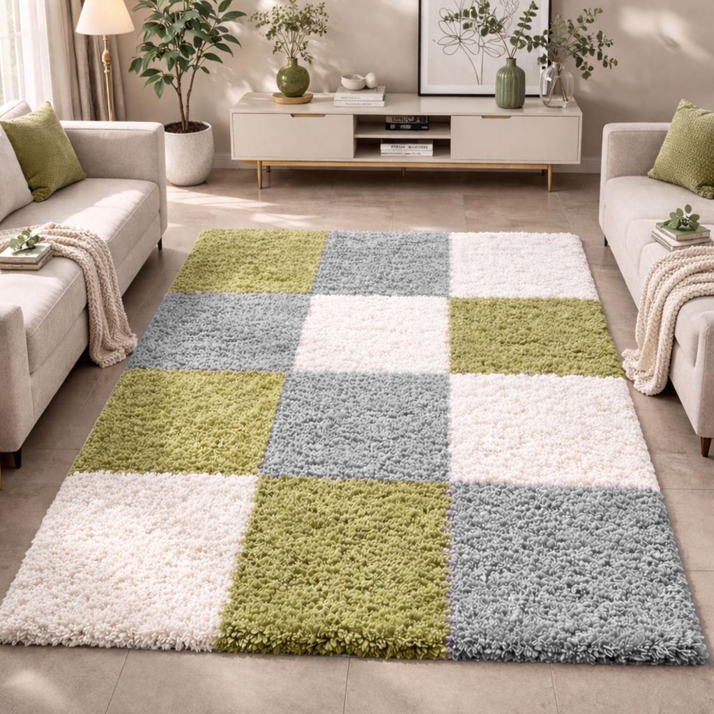 Shaggy Teppich Mehrfarbig Grün Grau Creme für Wohnzimmer Produktbild 