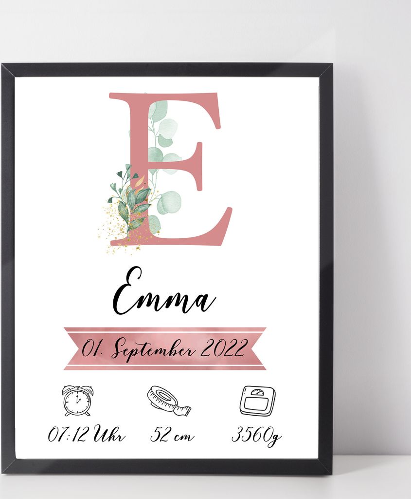 Personalisiertes Geburtsposter Name Uhrzeit Größe Gewicht | Kinderzimmer Babygeschenk | Geburt Baby Poster – A4 (21x29.7cm) / Rosa / ohne Bilde...