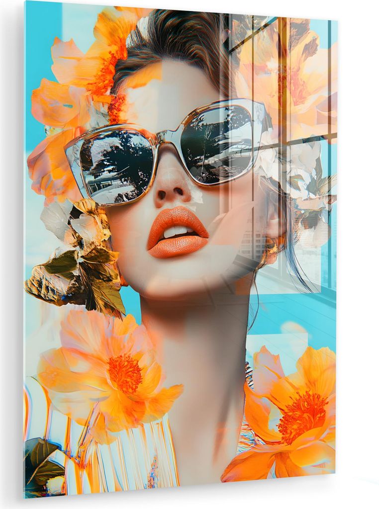 MuchoWow Glasbilder - Bilder auf Wandbild - Foto auf Glas Blumen - Frau - Sonnenbrille - Blau 60x80 cm Wanddekoration aus Glas - Acrylglasbild - Ac...