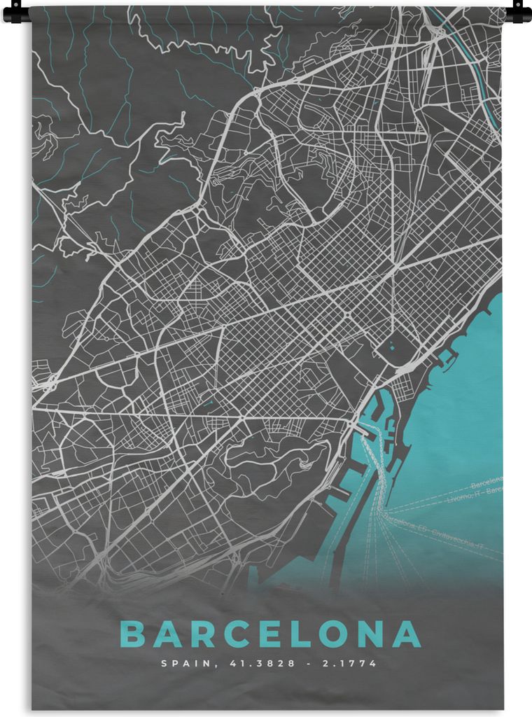 MuchoWow Wandteppich Wandbehang Barcelona - Blau - Karte - Stadtplan 120x180 cm Tapisserie Dekoration Wandtuch - Schlafzimmer - Dekorationen für...
