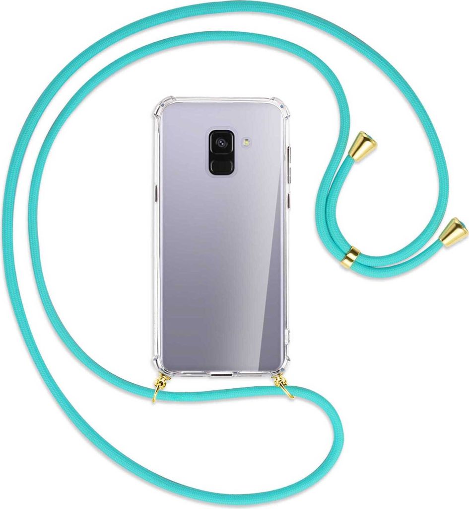 Handykette Backcover-Schutzhülle mit Band (Metall goldfarben) für Samsung Galaxy A8 Plus 2018 - türkis
