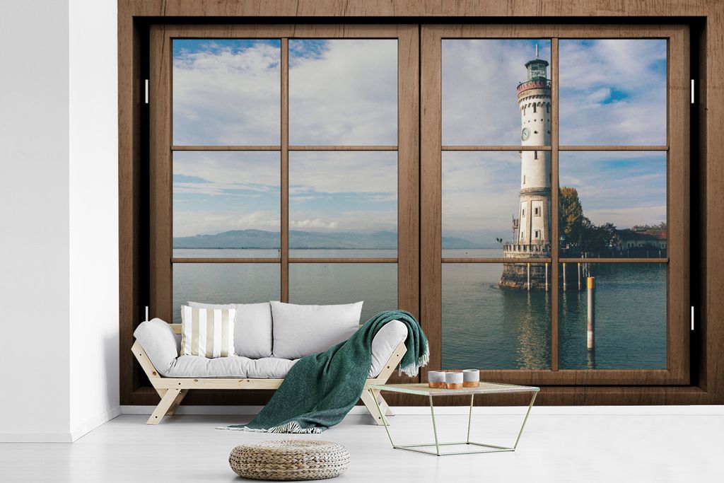 MuchoWow Fototapete für Wohnzimmer oder Schlafzimmer Wandtapete Vinyl Motivtapete Aussichtsturm - Leuchtturm - Meer - 330x220 cm - Fototapeten