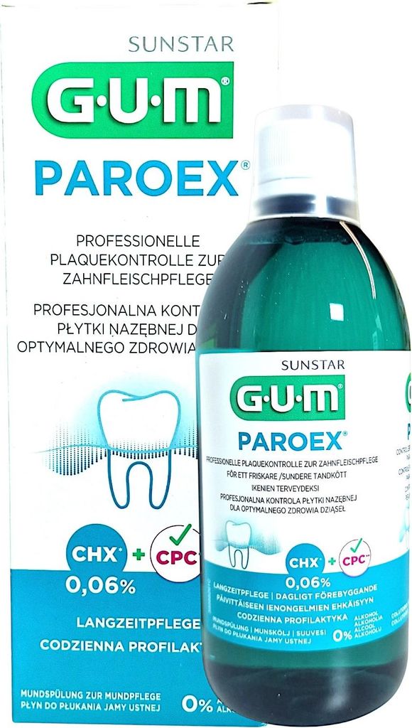 A product shot of a bottle of GUM PAROEX mouthwash next to its packaging.