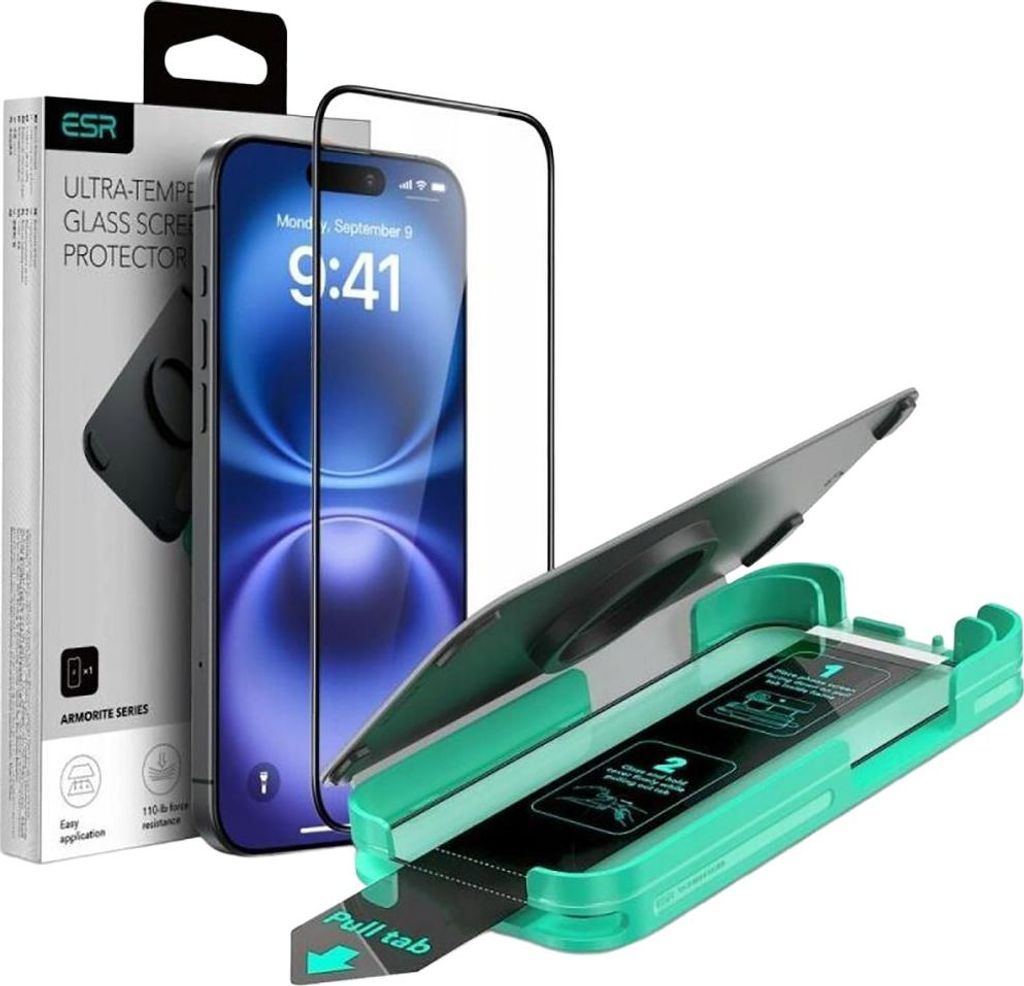 A product shot of an iPhone screen protector kit, including the packaging, the phone with the protector, and the application tool.