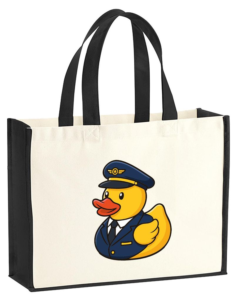 Huuraa Jutetasche Quietscheente Pilot Gummiente Flugkapitän 21 Liter Black Jute und Baumwolle Einkaufstasche Geschenkidee