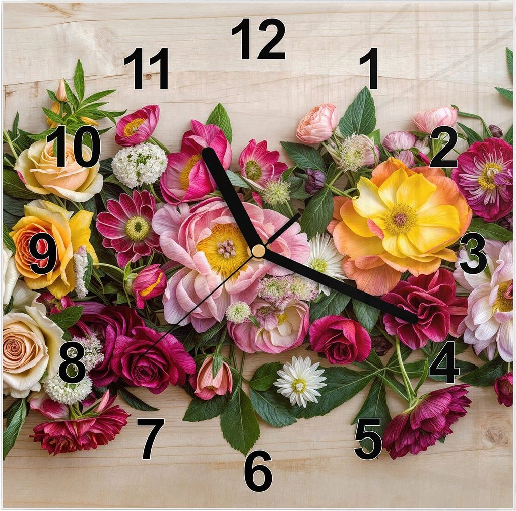 Wanduhr aus Glas mit Motiv Blumenbouquet- 30 x 30 cm - inkl. Aufhängesystem