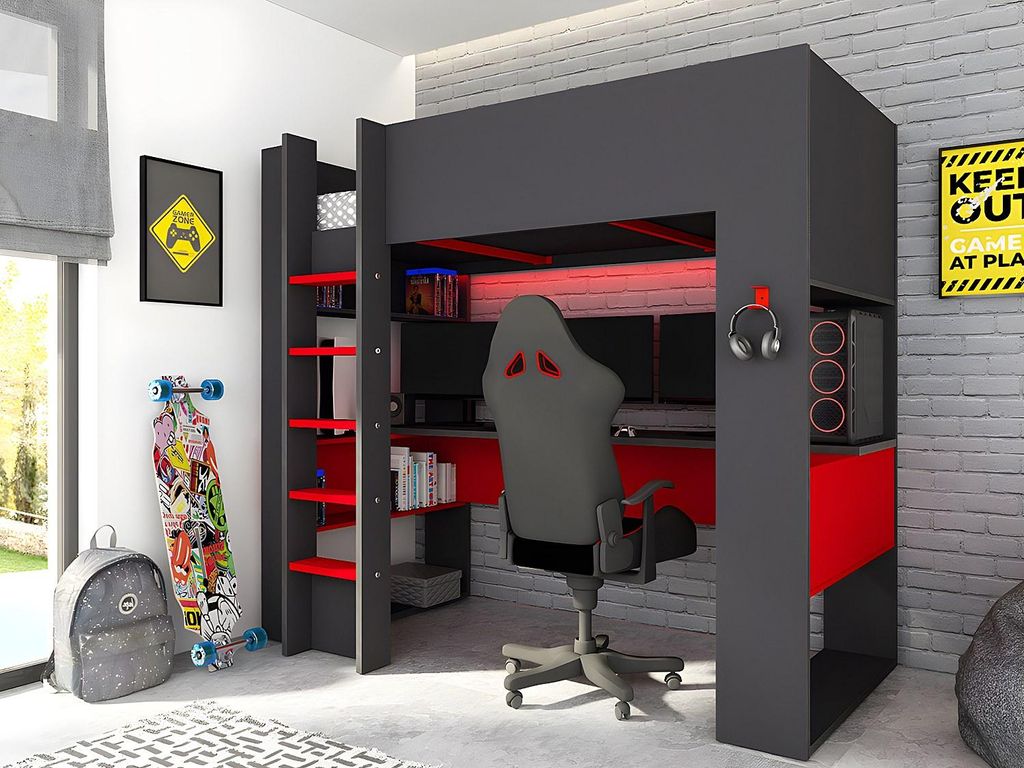 NOAH Gamer Mezzanine Bett mit Schreibtisch und Kommode - 90 × 200 cm - mit LED-Beleuchtung - anthrazit und rot, komplett mit Matratze