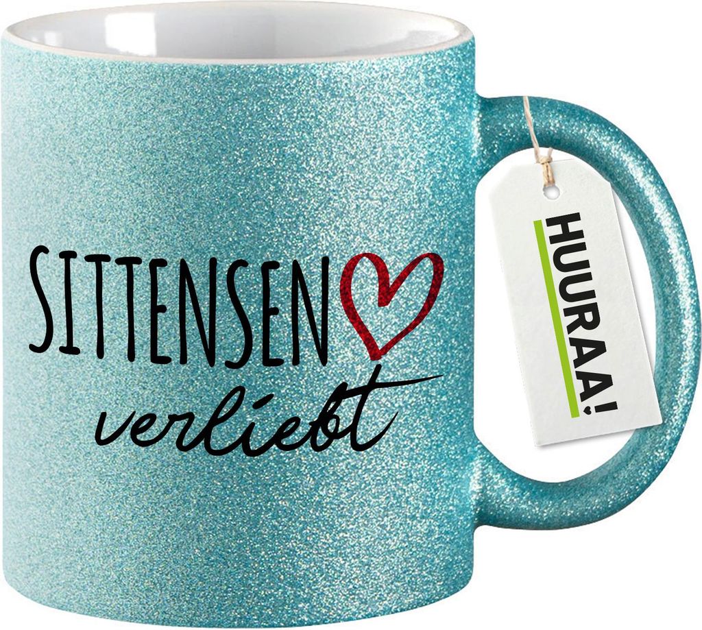 Huuraa Glitzertasse Sittensen verliebt 330ml Blau Keramik Kaffeebecher Geschenkidee