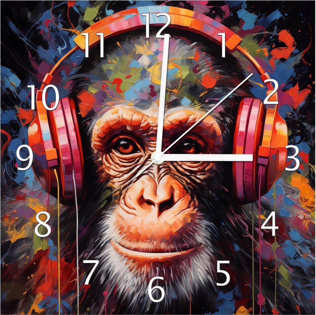 Wallario Design Wanduhr Schimpanse mit Kopfhörern aus Echtglas, Größe 30 x 30 cm