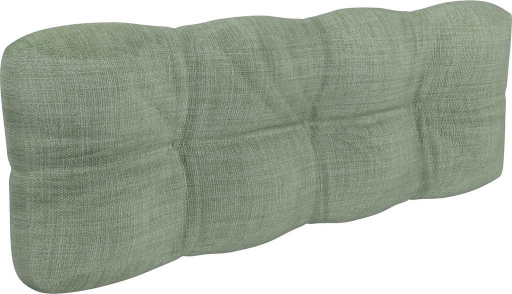 A tufted green cushion for a pallet sofa.