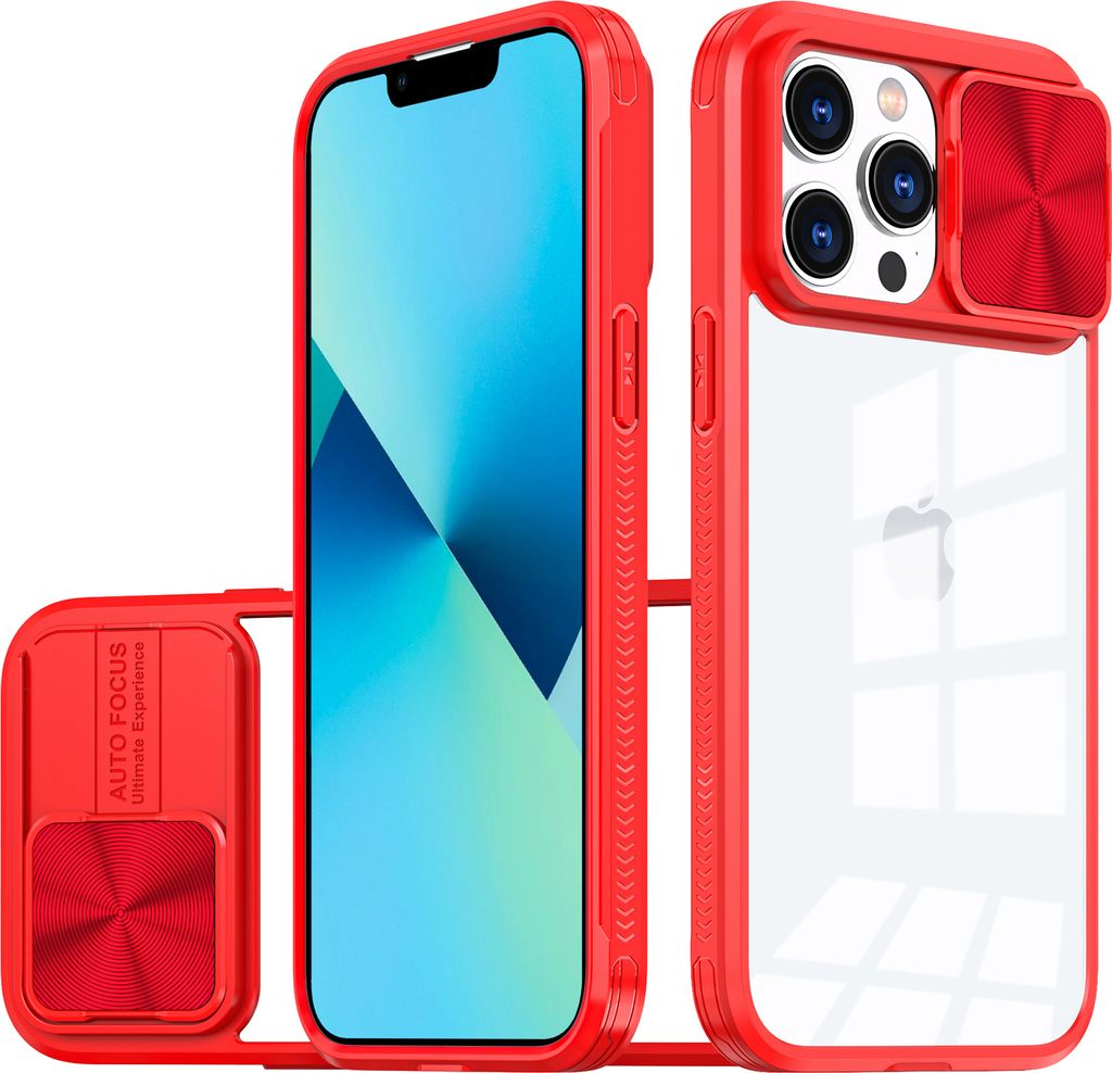 Hülle für iPhone 13 Pro Transparent TPU Bumper Schutzhülle mit Schiebe Kamera Schutz Rot