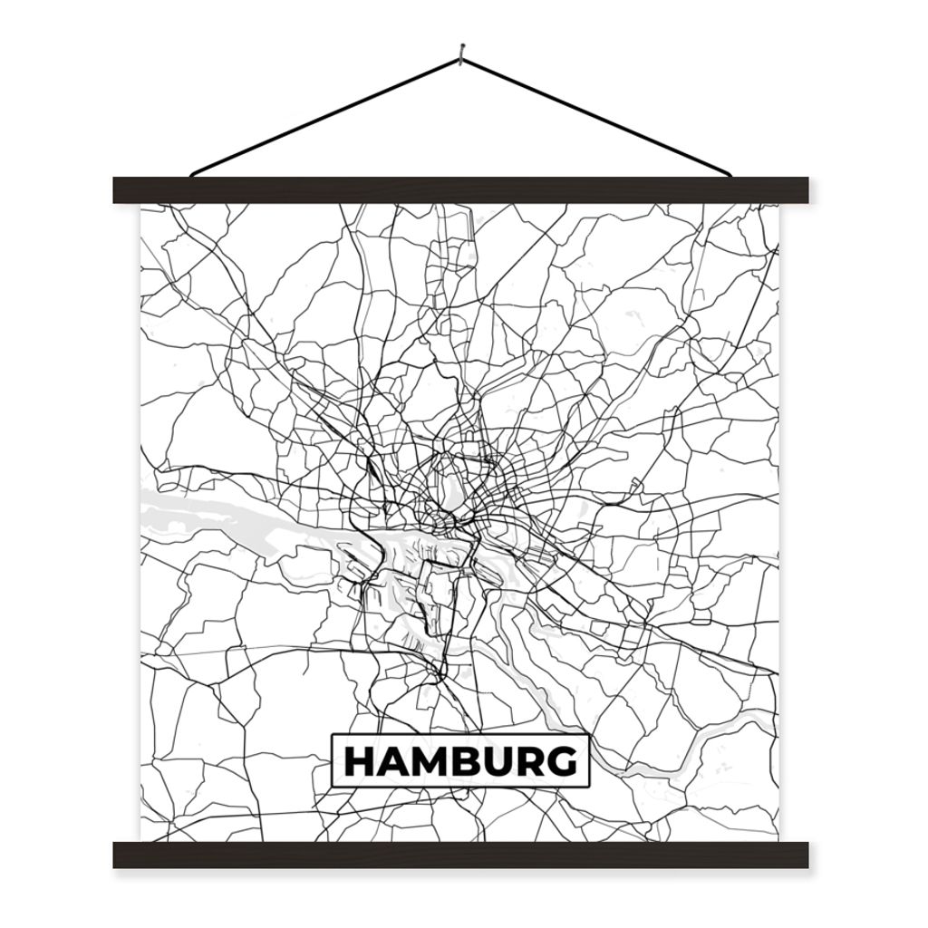 MuchoWow Textilposter Karte - Hamburg - Stadtplan 60x60 cm mit schwarzem Rahmen - Posteraufhänger