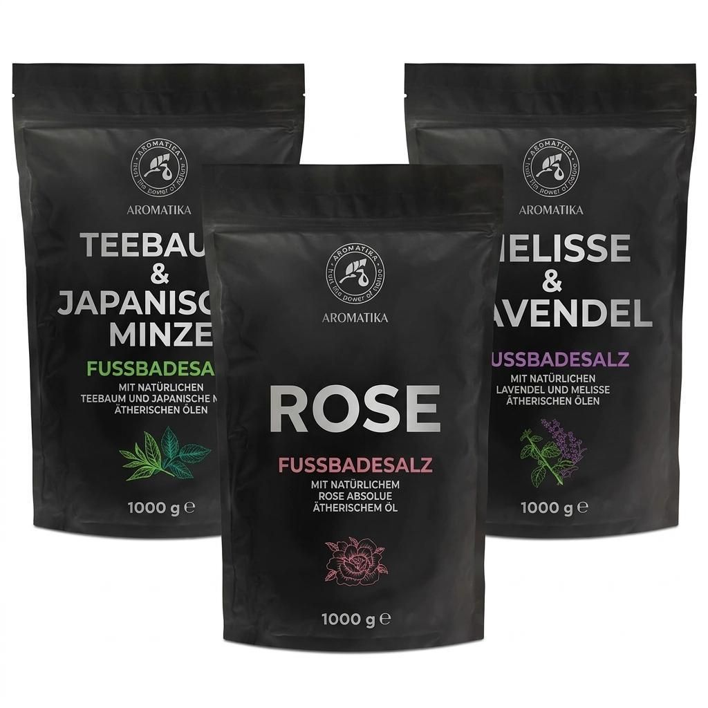 Fußbadesalz Set mit Melisse und Lavendel - Teebaum und Japanische Minze - Rose 3x1000g - Pediküre Fußbadesalz - Fußbad Zusatz mit naturreinem M...