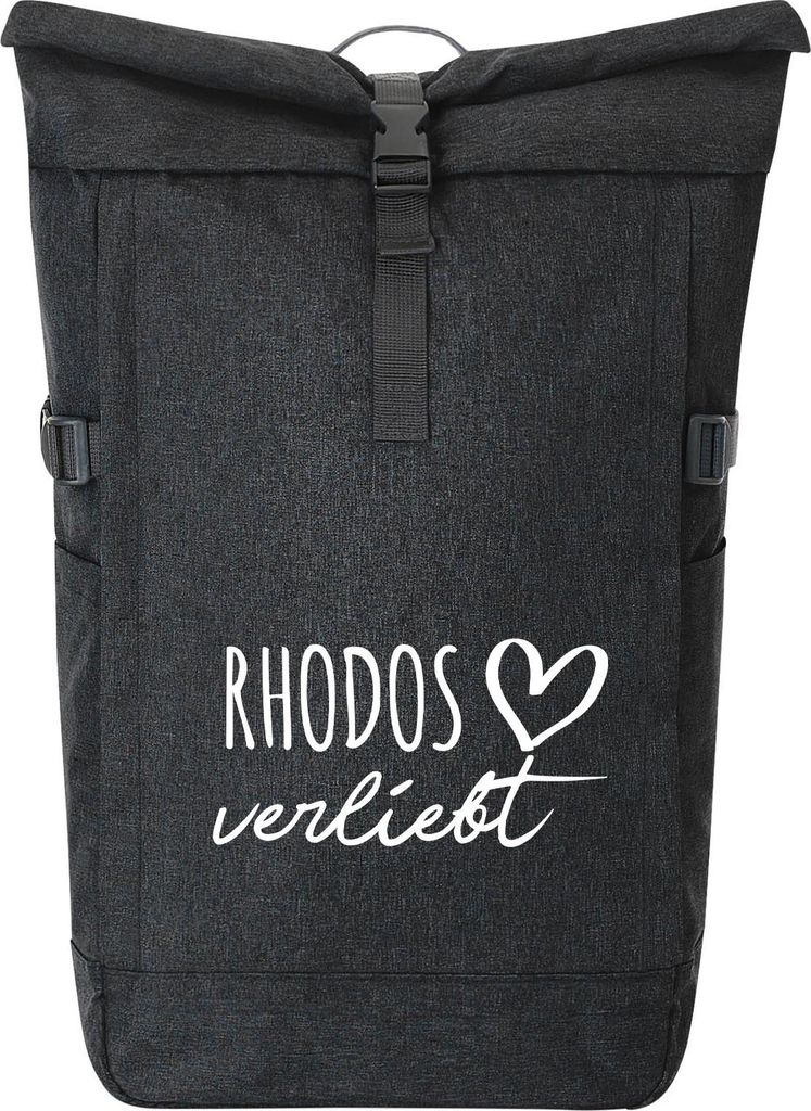 Huuraa Kurierrucksack Rhodos verliebt 30-44 Liter Black Melange Fairtrade Rolltop Rucksack Geschenkidee