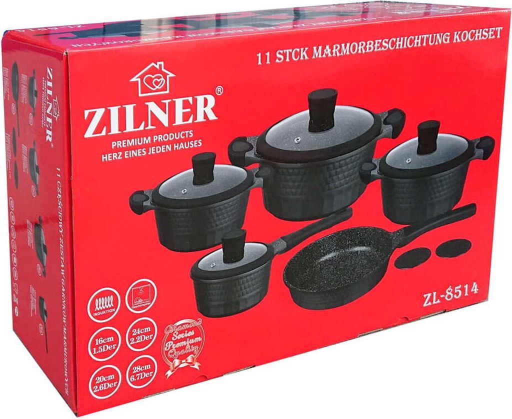 A red cardboard box displaying a set of cookware.