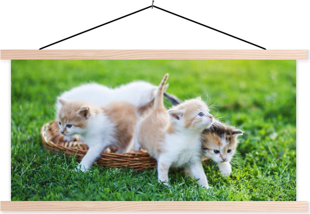 MuchoWow Textilposter Kätzchen - Katze - Korb - Mädchen - Kinder - Jungen - Kinder 60x30 cm mit holzfarbenen Rahmen - Dekoration