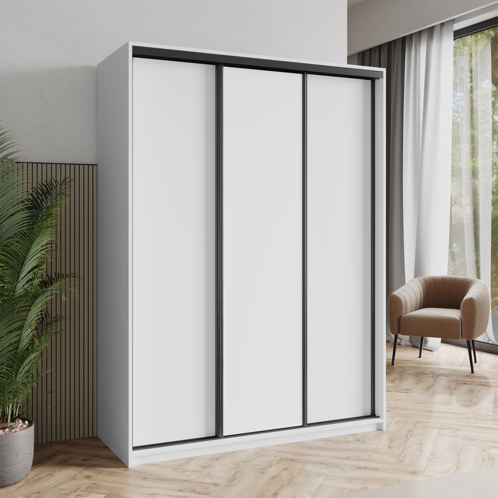 Masseno Schiebetürenschrank NISSE 150/205/60 cm Kleiderschrank mit Schubladen Schlafzimmer Schrank 3-türig Weiß + Schwarz