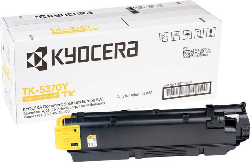 A Kyocera TK-5370Y yellow toner cartridge and its packaging are shown against a white background.