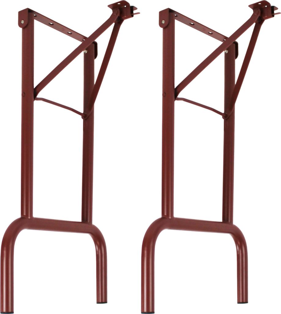 Two dark red metal table legs for a beer tent set.