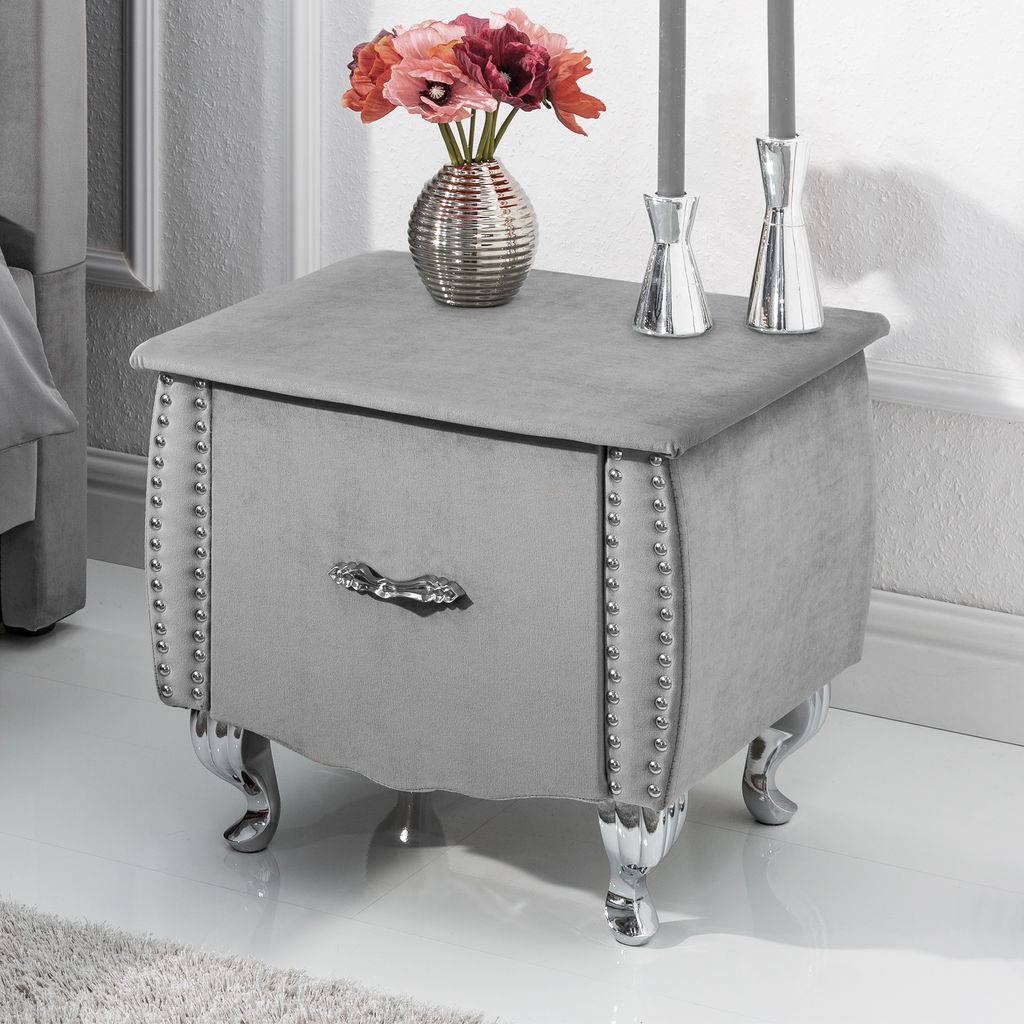 Eleganter Nachttisch EXTRAVAGANCIA 47cm silbergrau Samt Nachtkommode mit Schublade